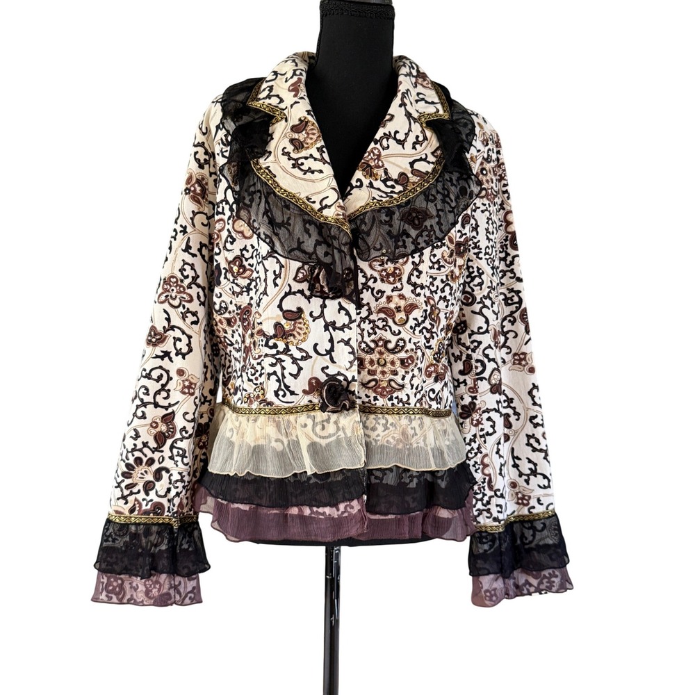 Women's Ruffled Floral Lace-Trim Blazer - Cream & Brown